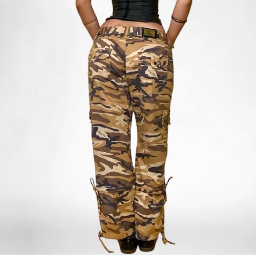 Baby Phat Y2K Brown Tan Camo Cargo Wide Leg Embellished Rhinestone Pants - Picture 2 of 14